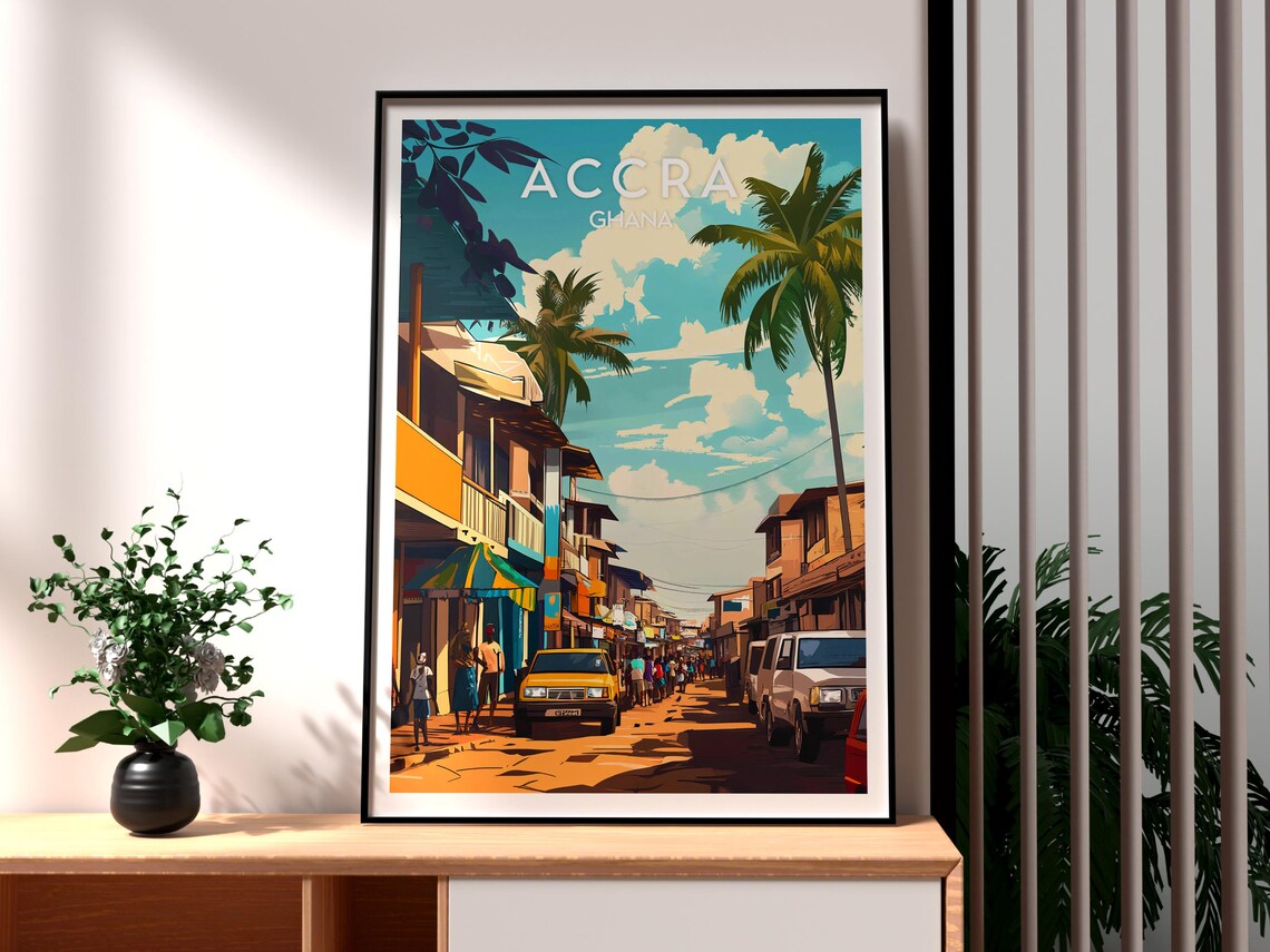 Accra Ghana Bustling Street Market Palm City West Africa Travel Poster