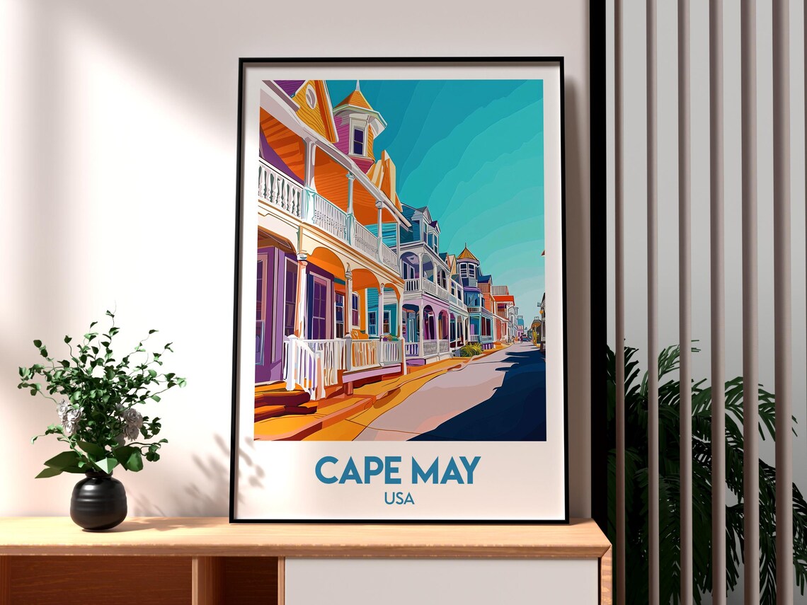 Cape May USA Colorful Victorian Porches Seaside Town Travel Poster