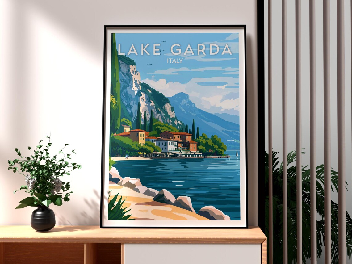 Lake Garda Italy Lakeside Village Cypress Mountains Travel Poster
