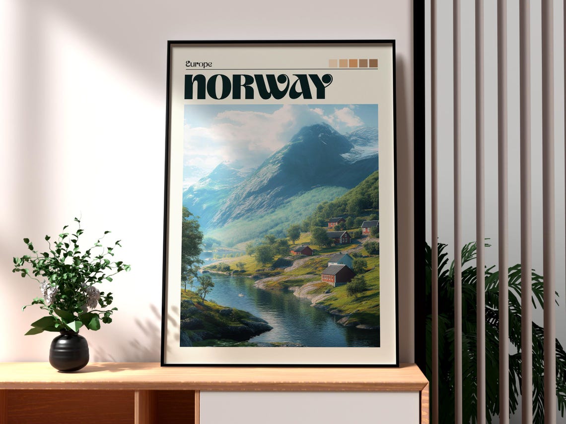 Norway Fjord Snowy Peaks Red Cabins Lakeside Scenic Travel Poster