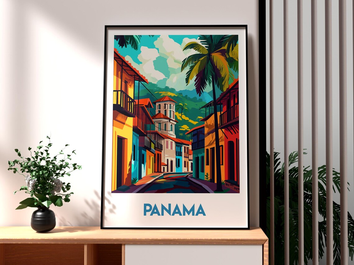 Panama Colorful Old Town Street Church Tower Tropical Travel Poster