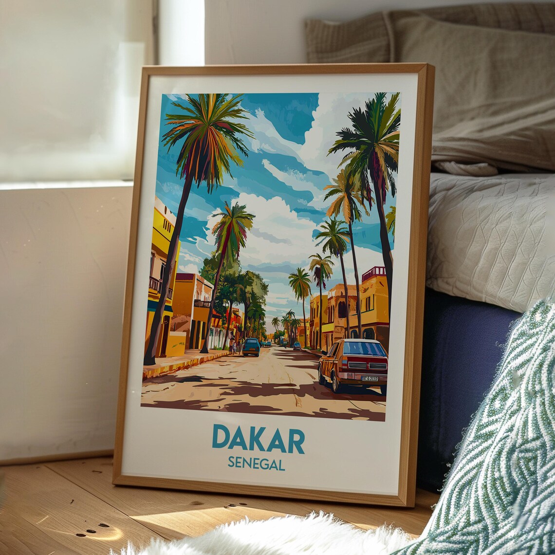 Dakar Senegal Palm Lined Street Classic Car Vintage Travel Poster - Image 3