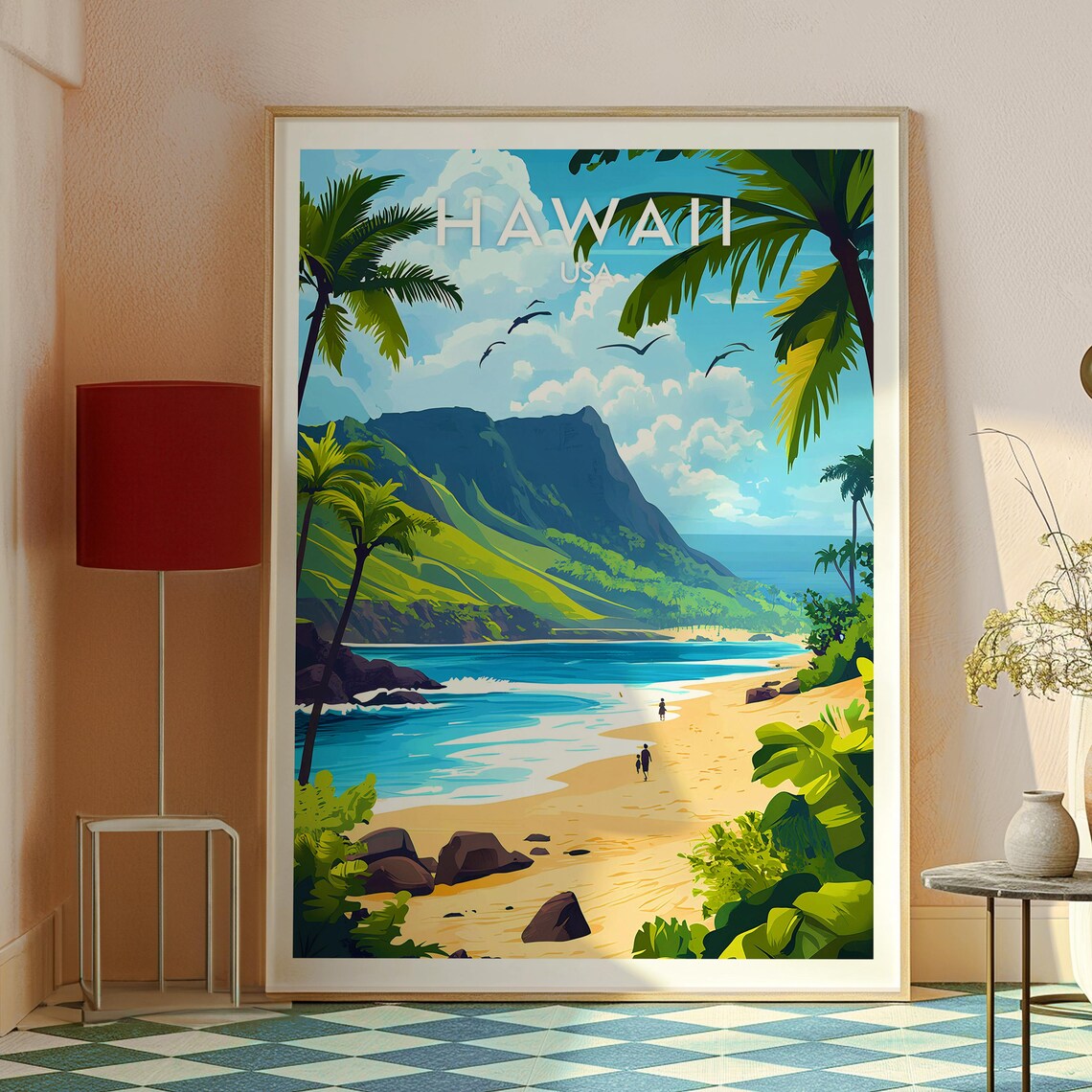 Hawaii USA Tropical Paradise Beach Palm Trees Cliffs Coast View Poster - Image 2