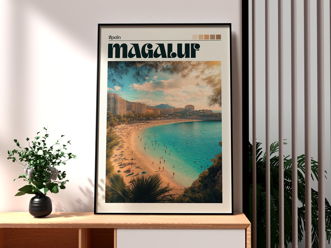 Magaluf Spain Turquoise Beach Cove Swimmers Hotels Sunny Travel Poster