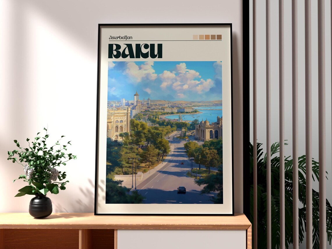 Baku Azerbaijan Harbor Avenue City View Vintage Travel Poster