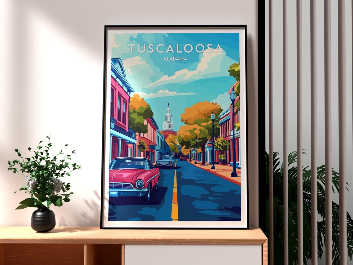 Tuscaloosa Alabama Retro Travel Poster Downtown Street Classic Car