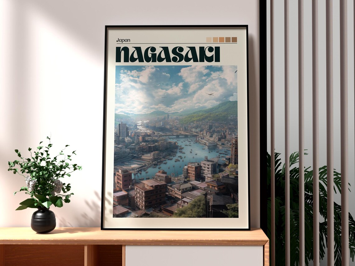Nagasaki Japan Harbor City Aerial Bay Boats Mountains Travel Poster