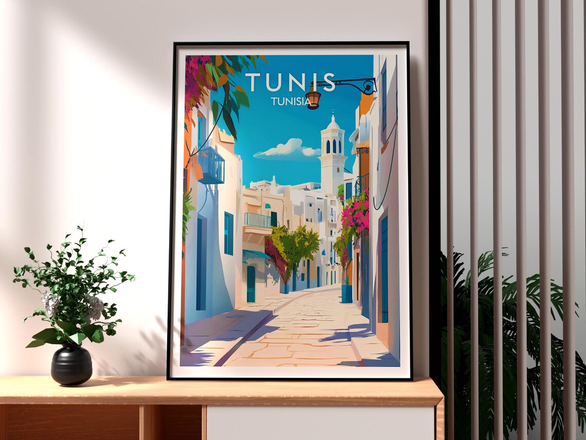 Tunis Tunisia Medina Alley White Blue Cityscape Travel Poster