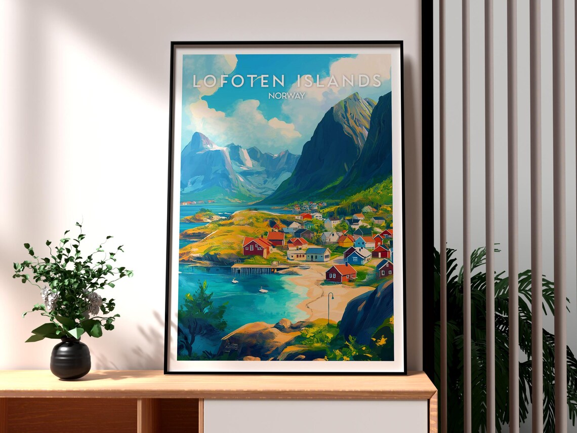 Lofoten Islands Norway Fishing Village Fjord Mountains Travel Poster
