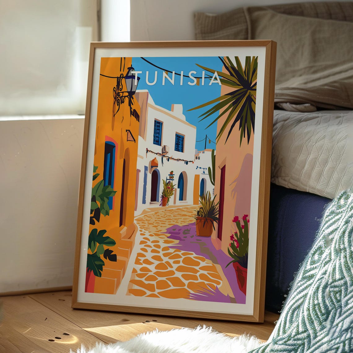 Tunisia Whitewashed Medina Cobblestone Alley Palms Travel Poster - Image 3