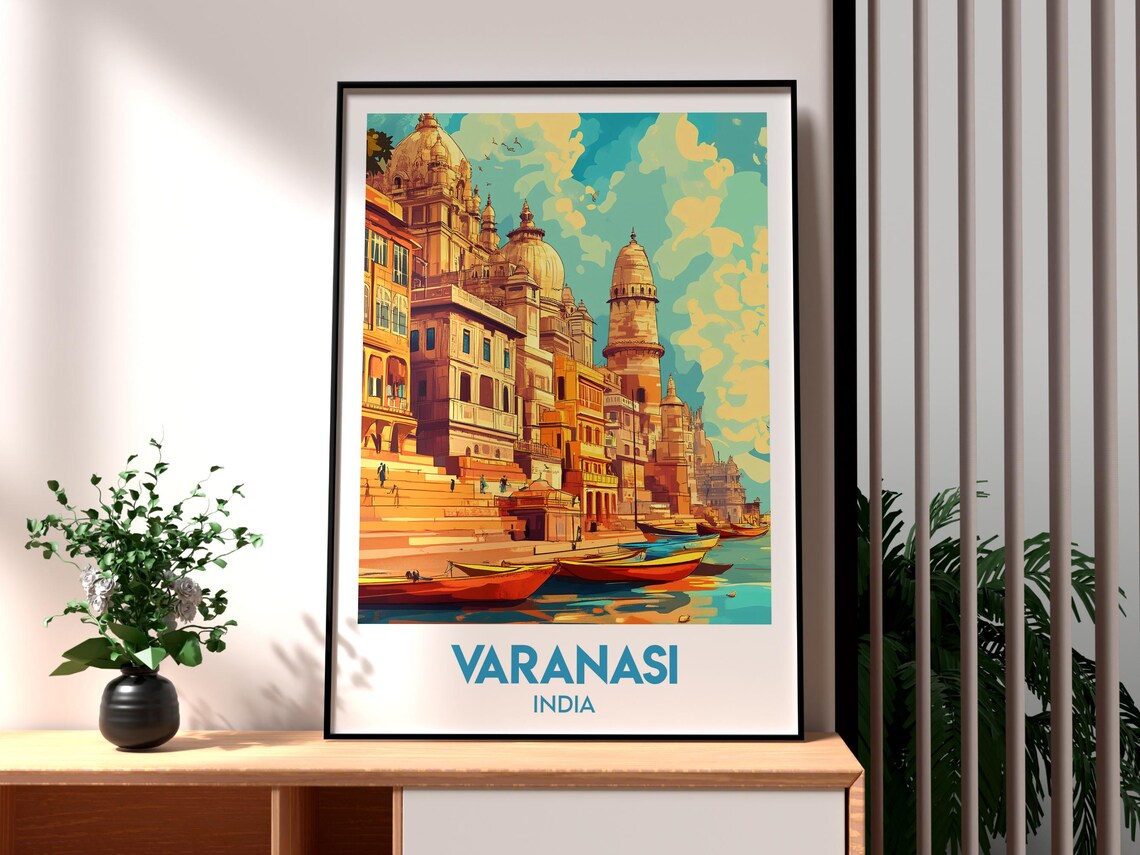 Varanasi India Sacred Ganges Ghats Temples Illustration Art Poster