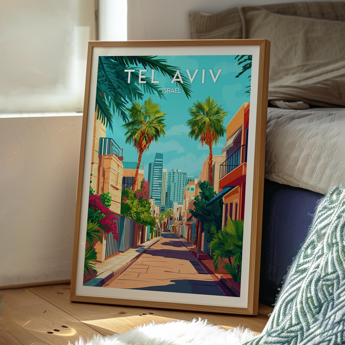 Tel Aviv Israel Palm Lined Street Skyline Vintage Travel Poster - Image 3