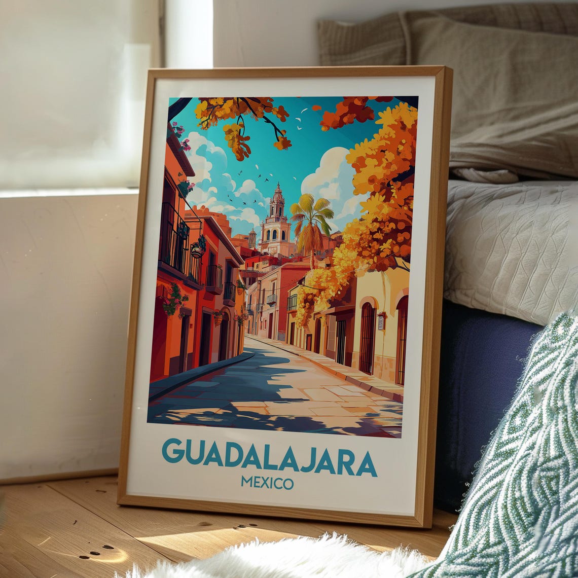 Guadalajara Mexico Colonial Street Church Tower Warm Sunset Art Poster - Image 3
