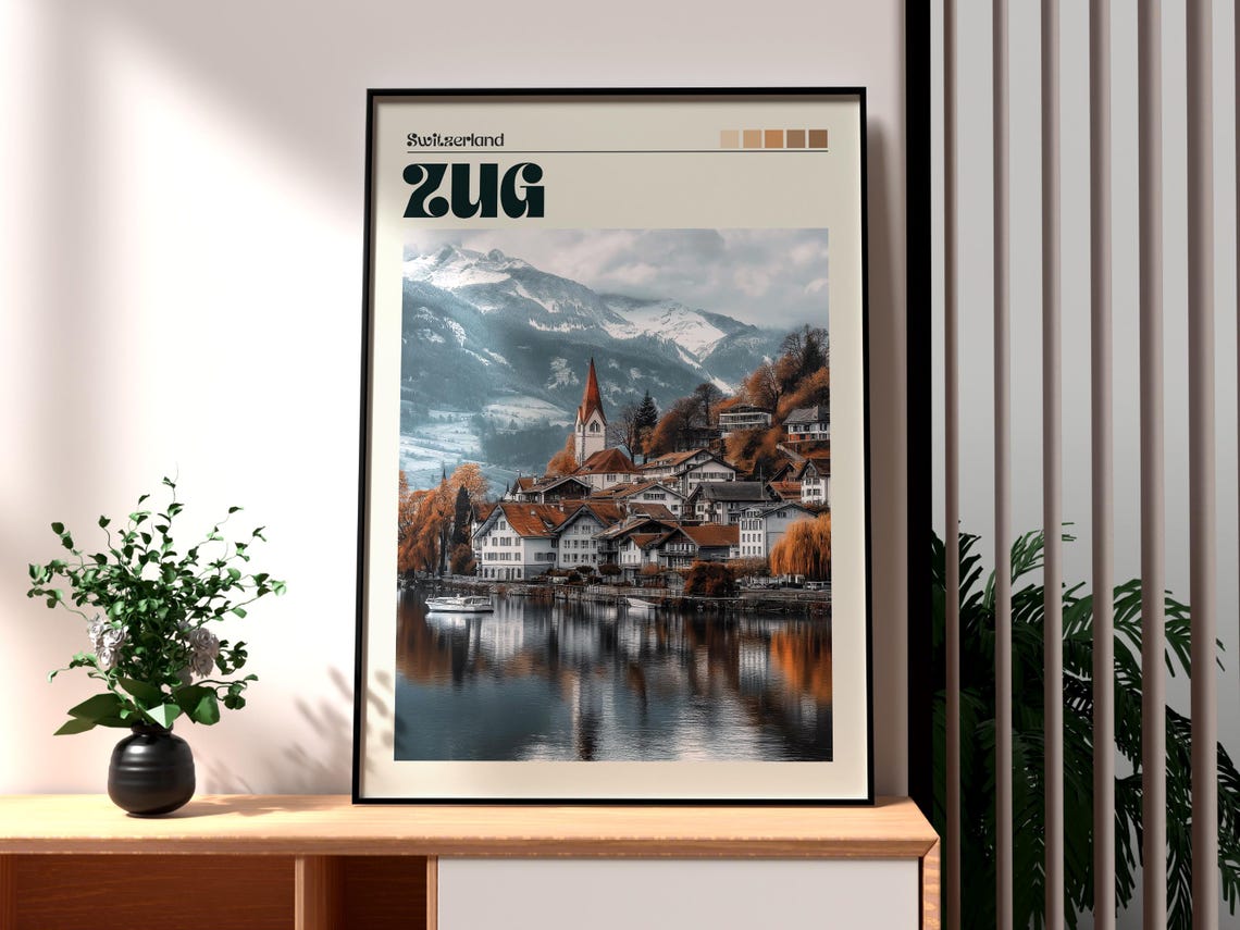 Zug Switzerland Lake Town Church Mountain Reflections Travel Poster