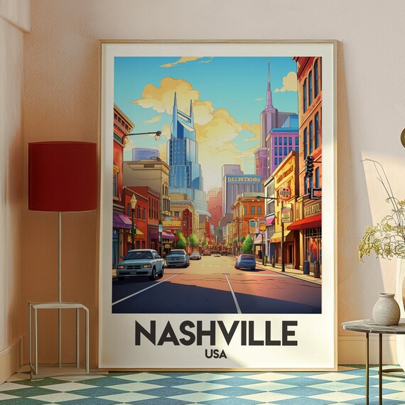 Nashville USA Downtown Street Skyline Music City Travel Poster