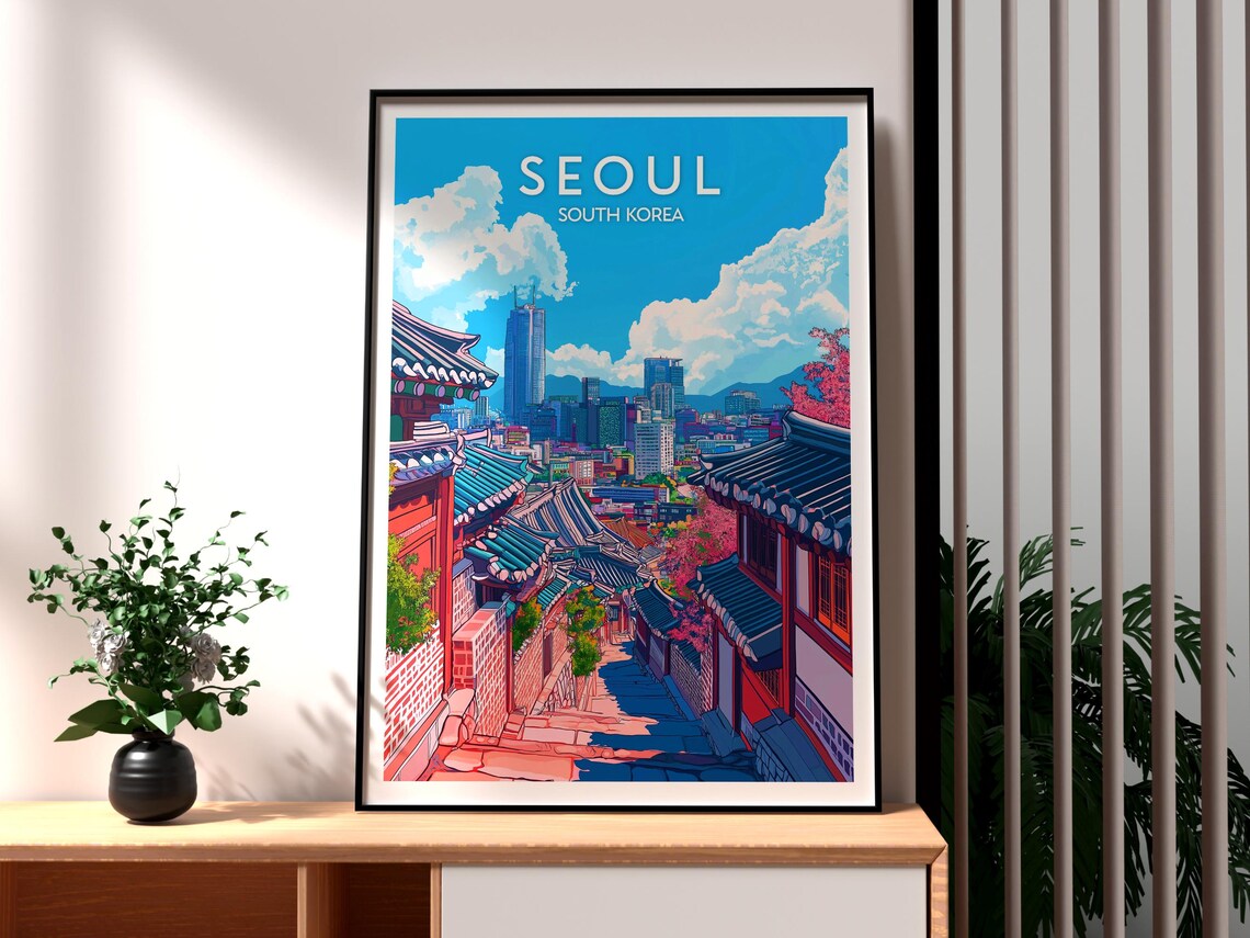 Seoul South Korea Traditional Hanok Alley Skyline View Travel Poster
