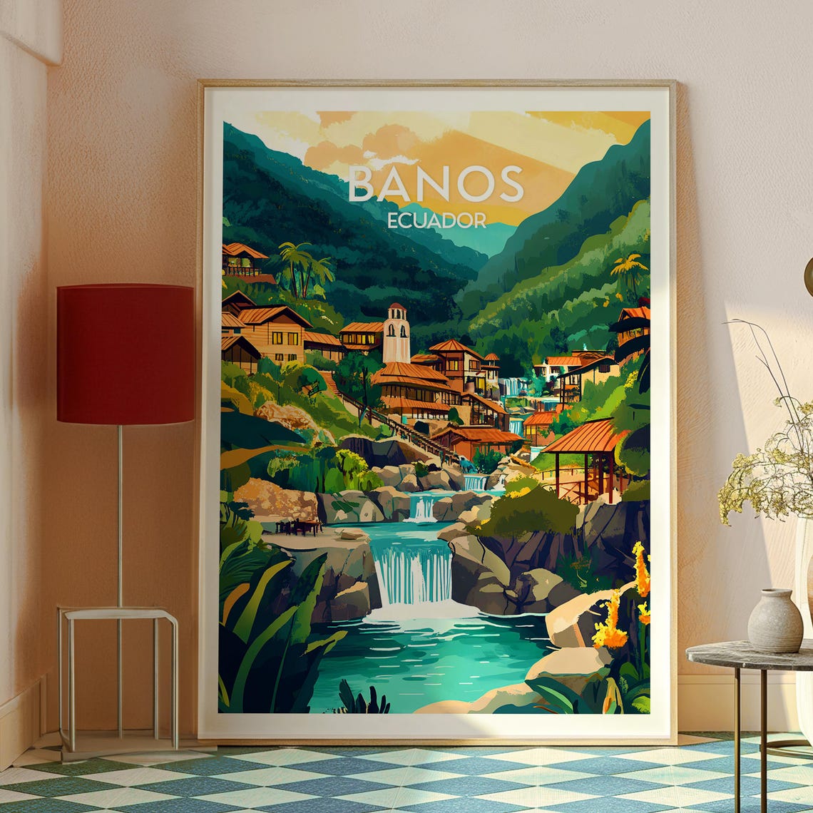 Banos Ecuador Waterfall River Valley Green Illustration Poster - Image 2
