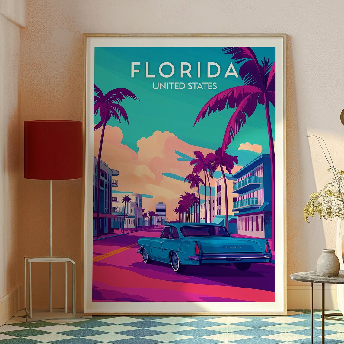 Florida Retro Street Classic Car Palm Trees Sunset Scene Travel Poster - Image 2