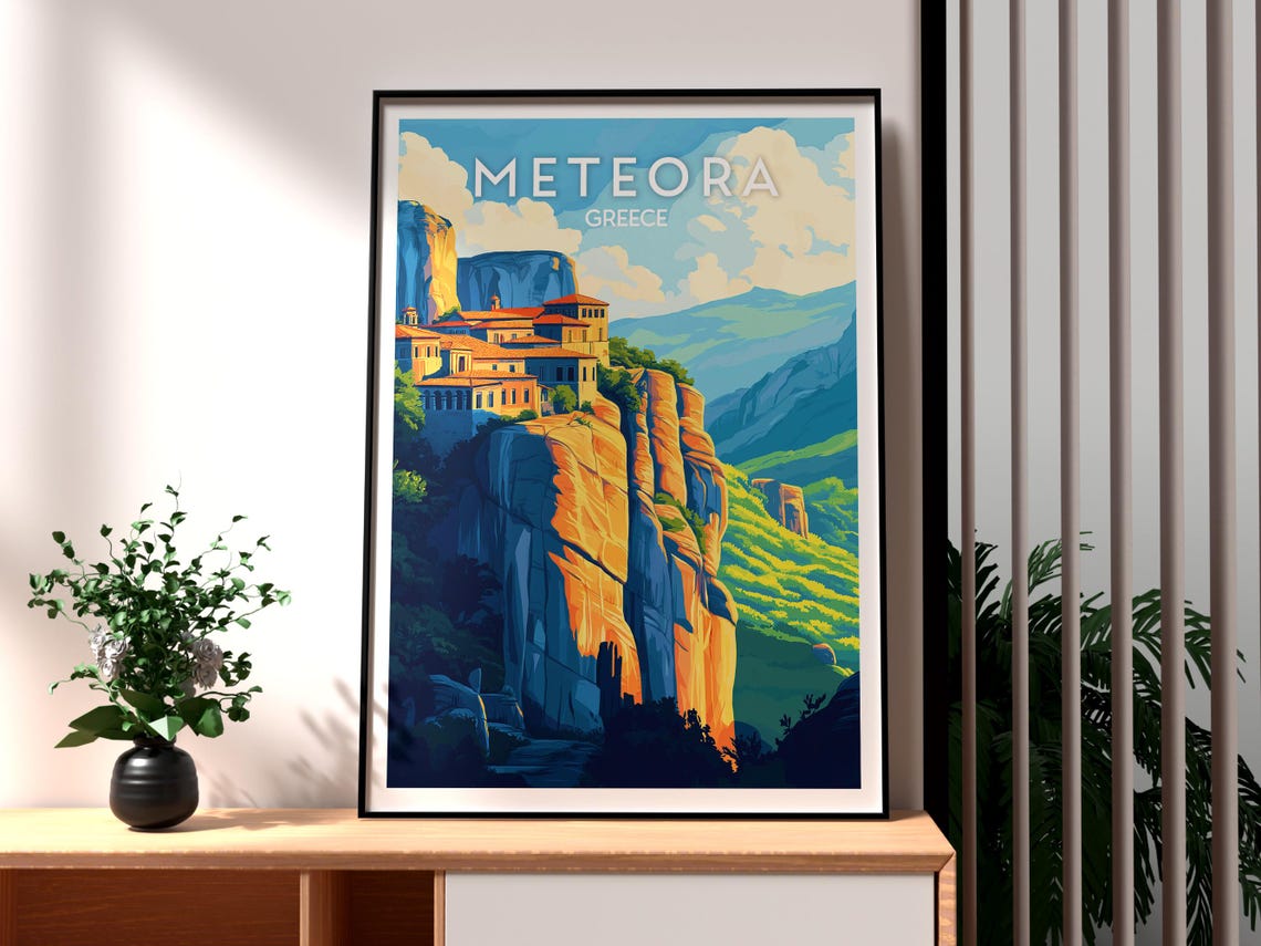 Meteora Greece Monastery Atop Towering Rock Pillars Travel Poster