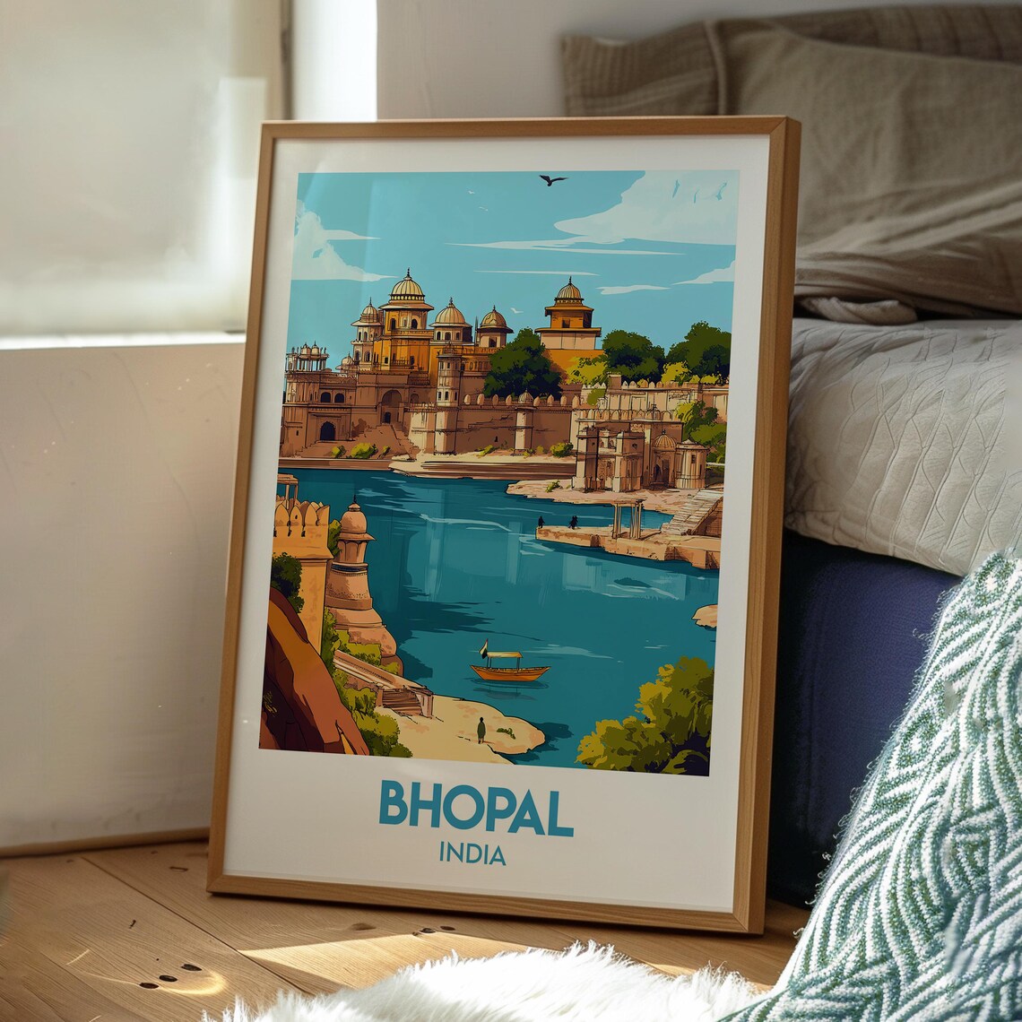Bhopal India Golden Lakeside Palace Boats Historic Travel Poster - Image 3