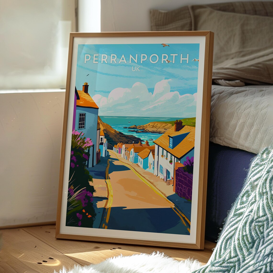 Perranporth UK Seaside Cottage Street Ocean View Illustration Poster - Image 3