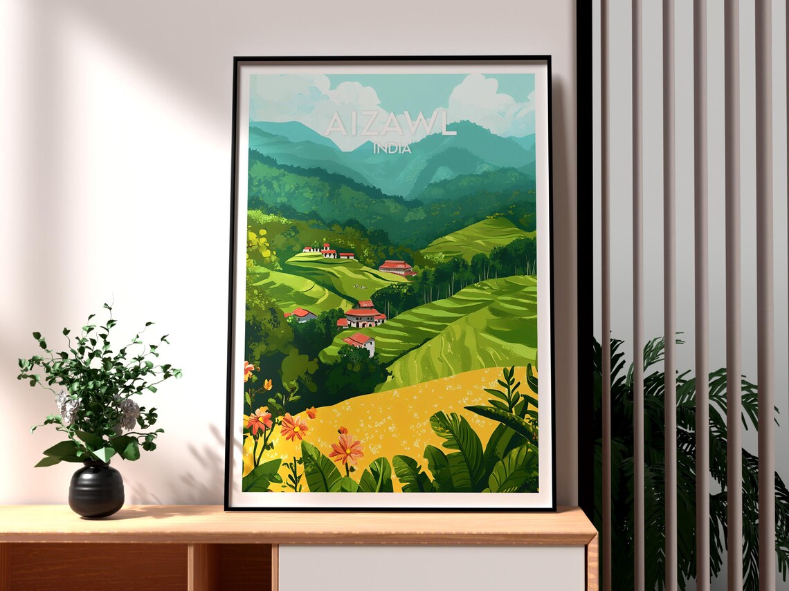Aizawl India Green Terraced Hills Red Roof Village Travel Poster