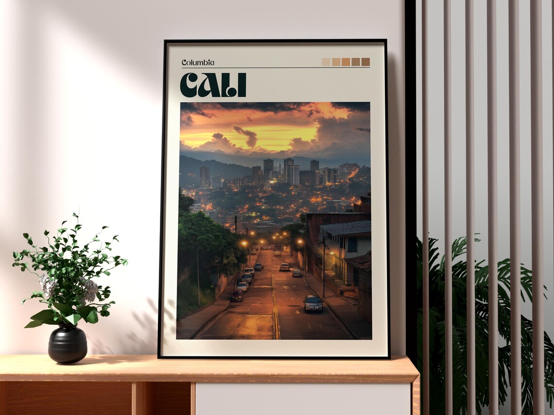 Cali Colombia Sunset City Street Skyline Vintage Travel Poster