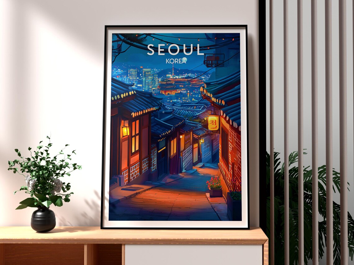 Seoul Korea Night City Old Town Alley Lantern Vintage Travel Poster