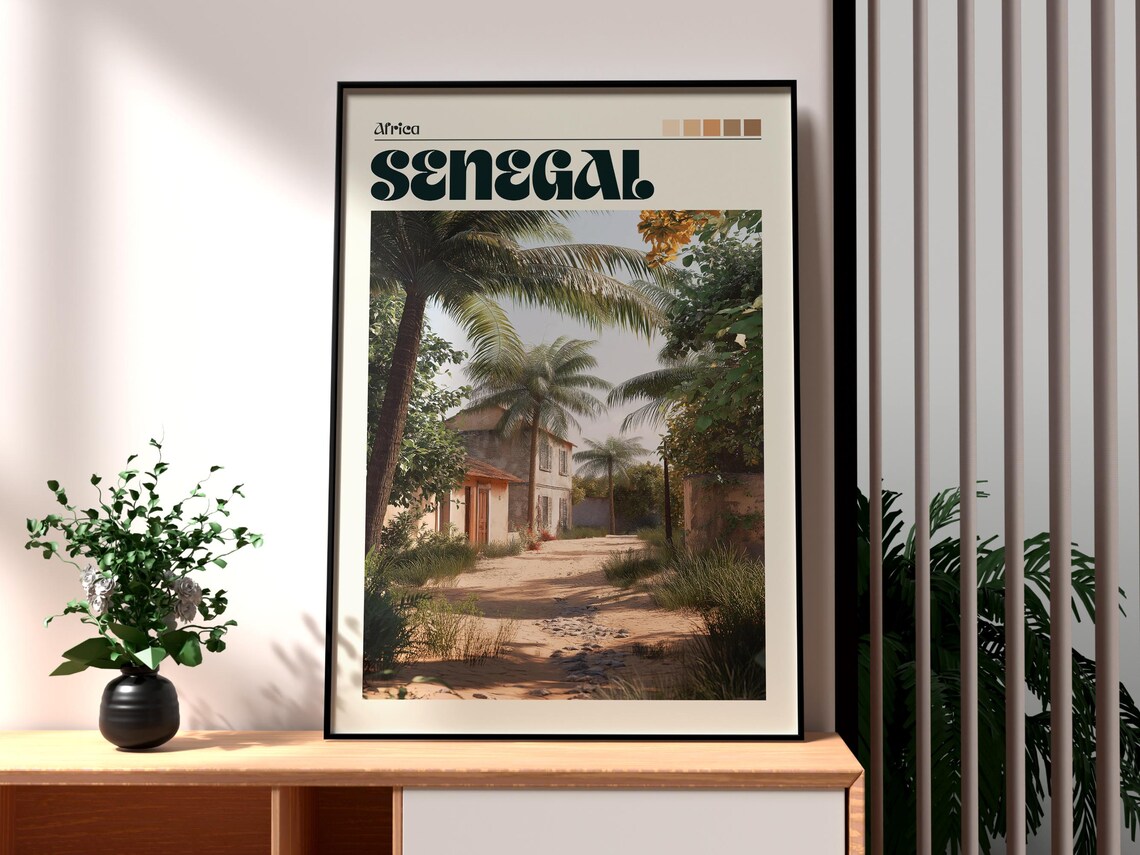 Senegal Africa Village Lane Palm Trees Vintage Travel Poster
