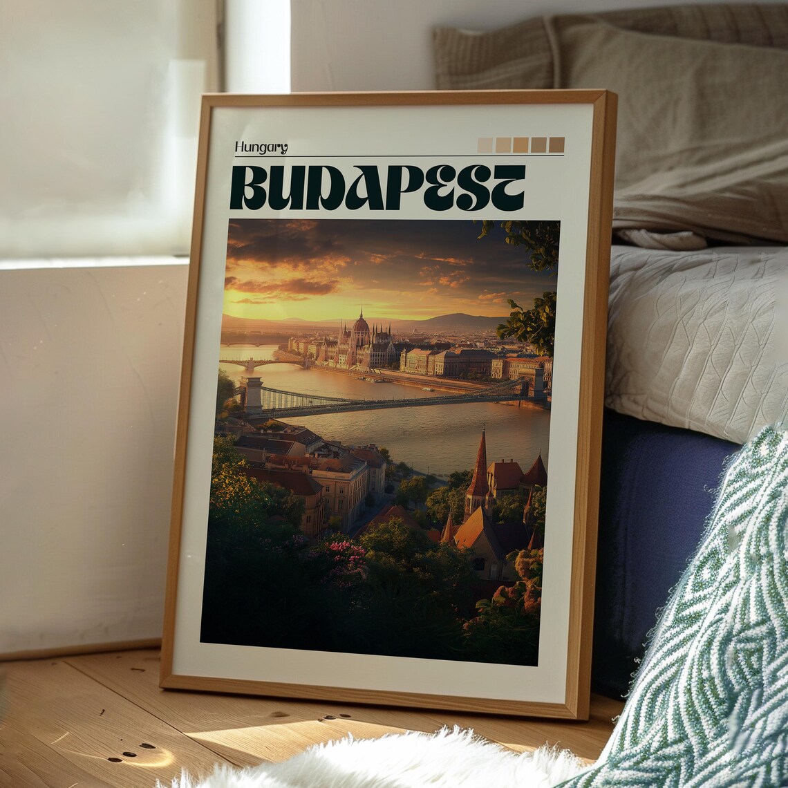 Budapest Hungary Sunset Danube Parliament Bridge Skyline Travel Poster - Image 3