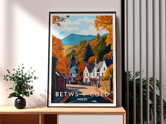 Betws-y-Coed Wales Golden Autumn Village Street and Church Poster