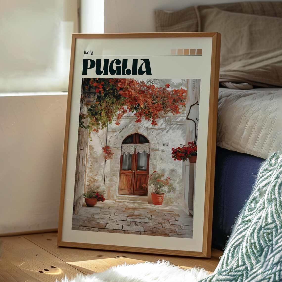 Puglia Italy Sunlit Courtyard Door Bougainvillea Retro Travel Poster - Image 3