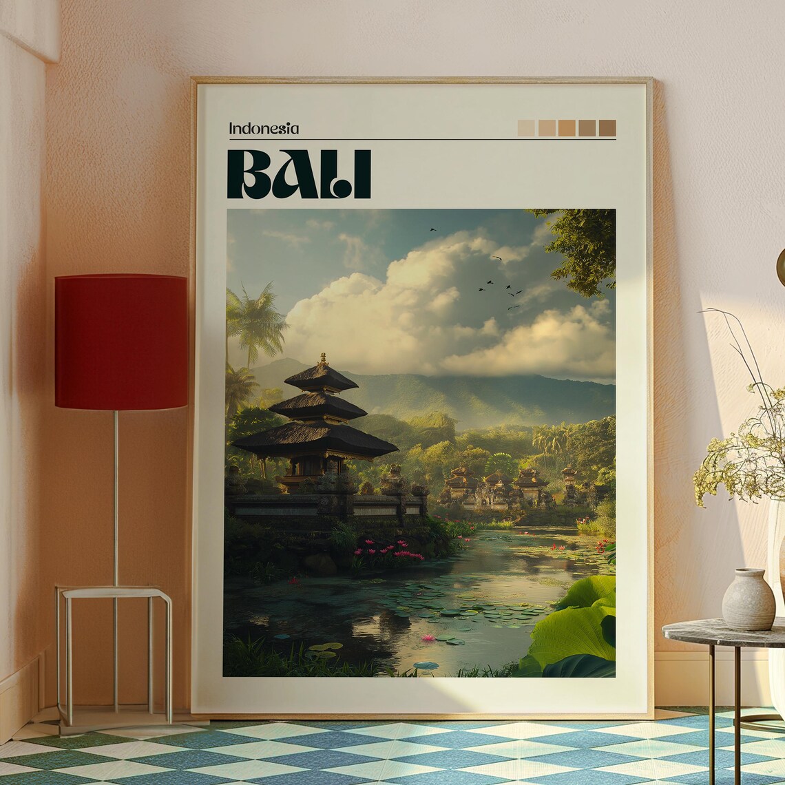 Bali Indonesia Temple Lotus Pond Sunset Vintage Travel Poster - Image 2