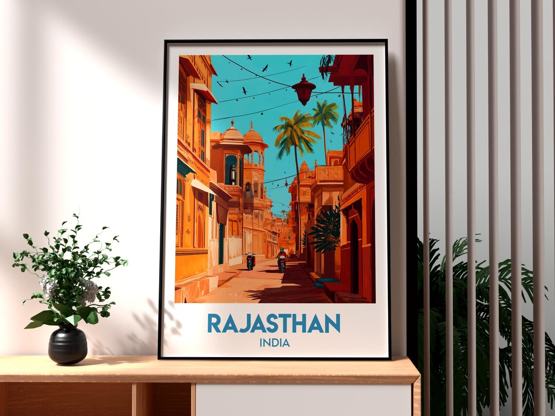 Rajasthan India Palace Street Palms Motorbike Vibrant Art Poster
