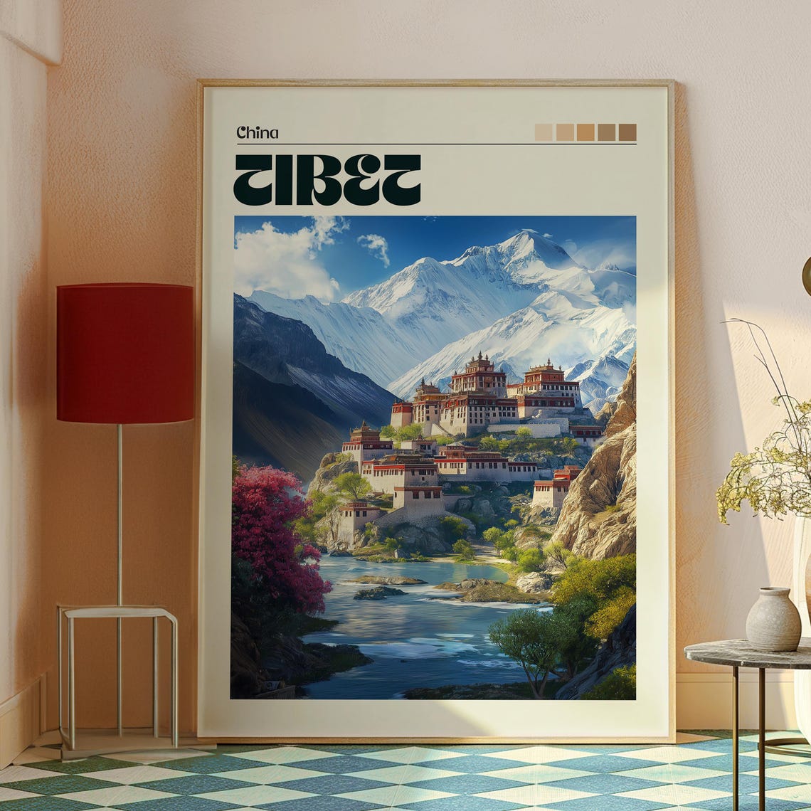 Tibet China Monastery Himalayan Peak River Valley Travel Poster - Image 2