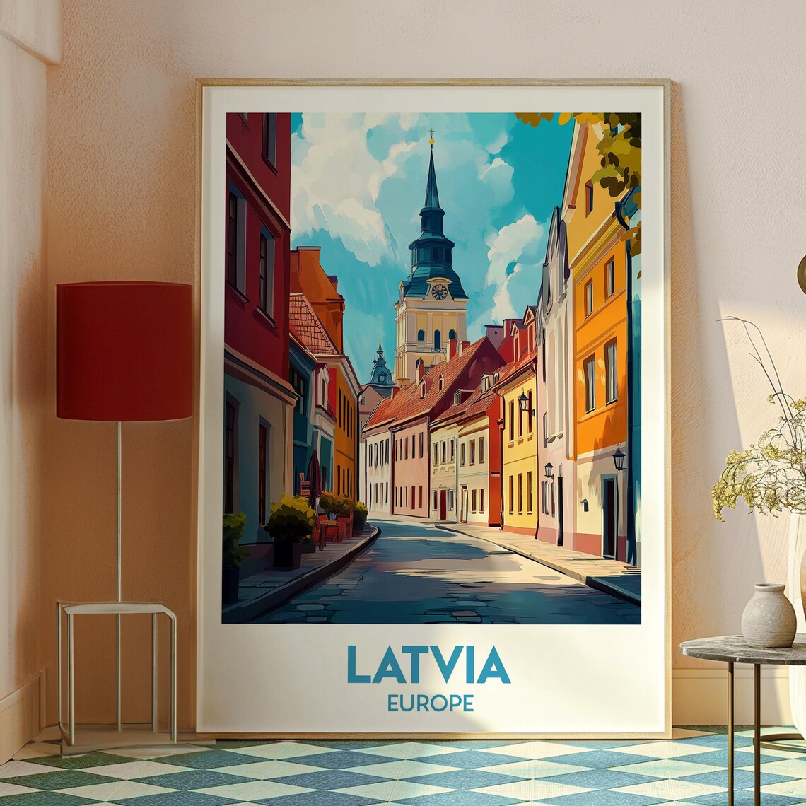 Riga Old Town Street Latvia Colorful Church Spire Travel Poster - Image 2