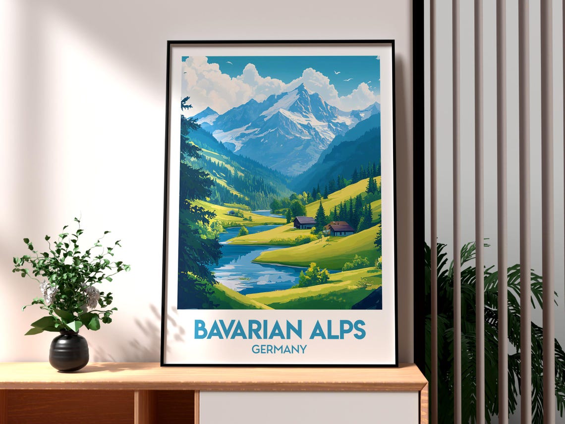 Bavarian Alps Germany Snow Peak Green Valley River Travel Poster