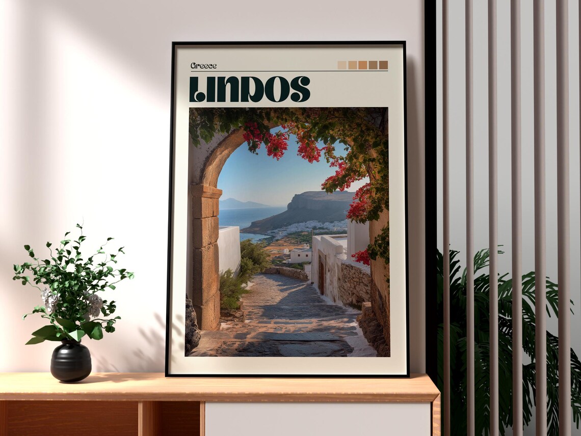 Lindos Greece Rhodes Island Bougainvillea Arch Sea View Travel Poster