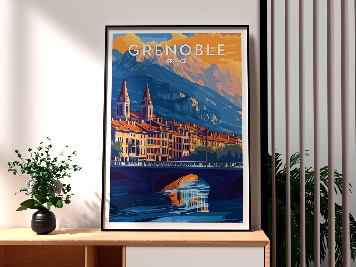 Grenoble France Alpine City Bridge Sunset Illustration Poster