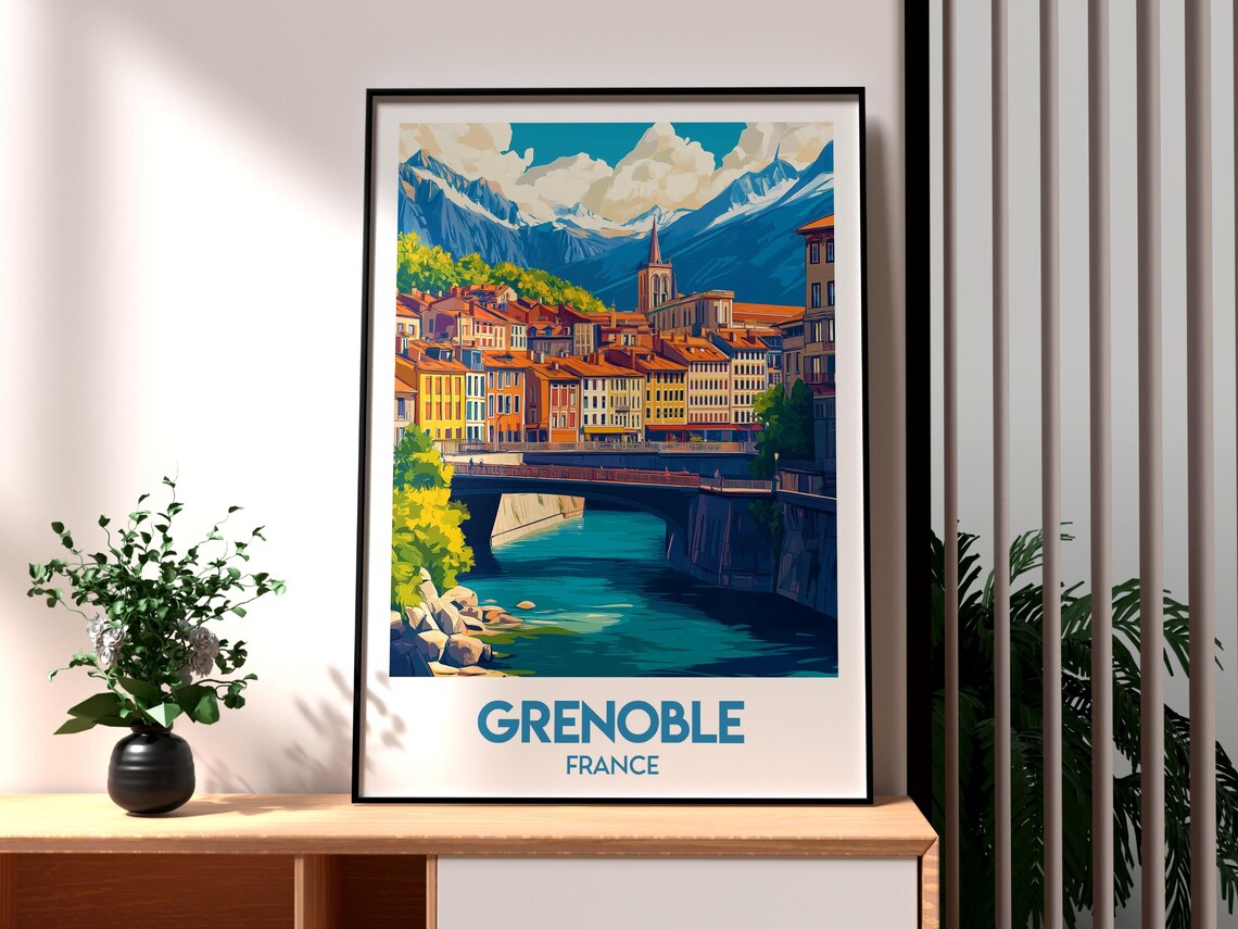 Grenoble France River Bridge Old Town Alps Mountain View Travel Poster
