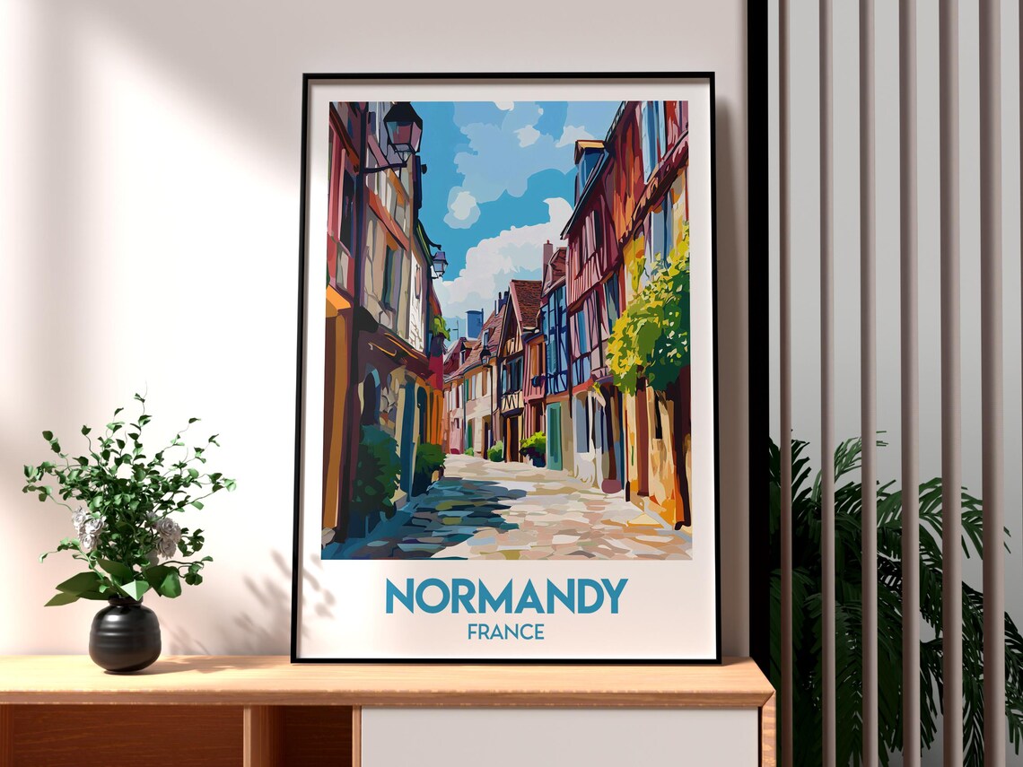 Normandy France Half Timbered Village Street Vintage Travel Art Poster