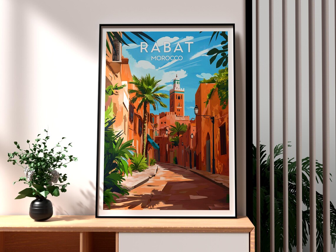 Rabat Morocco Colorful Old Town Palm Street Art Travel Poster