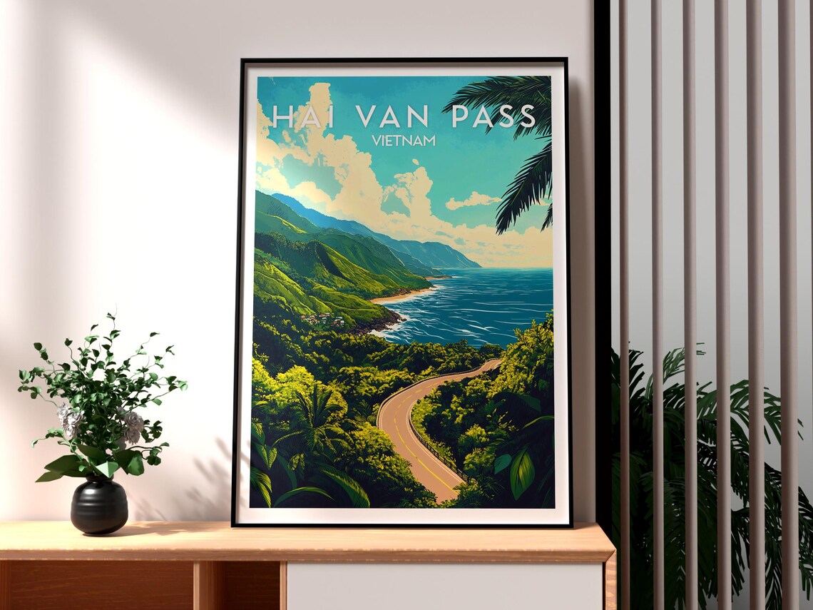 Hai Van Pass Vietnam Coastal Highway Tropical Retro Art Poster