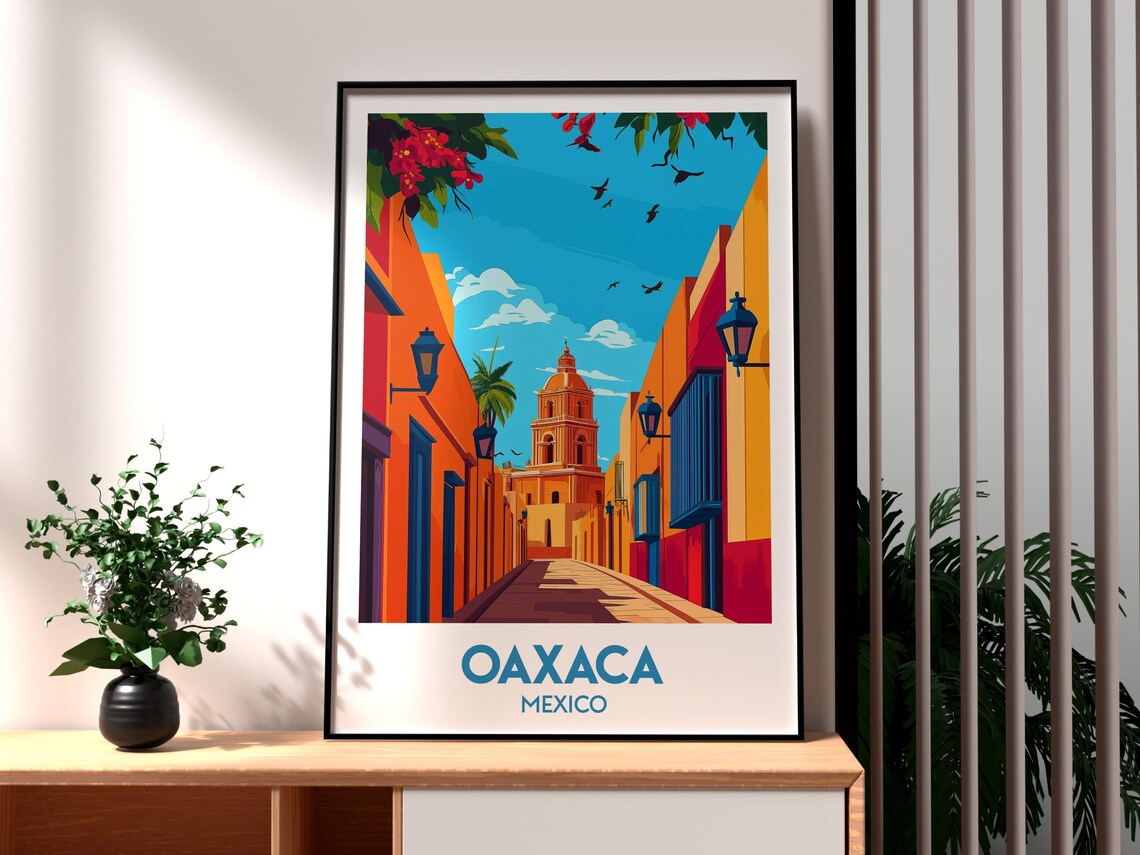 Oaxaca Mexico Colorful Colonial Street Church Dome Travel Poster