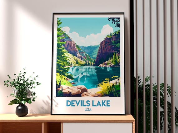 Devils Lake USA Turquoise Lake Red Rock Canyon Landscape Poster