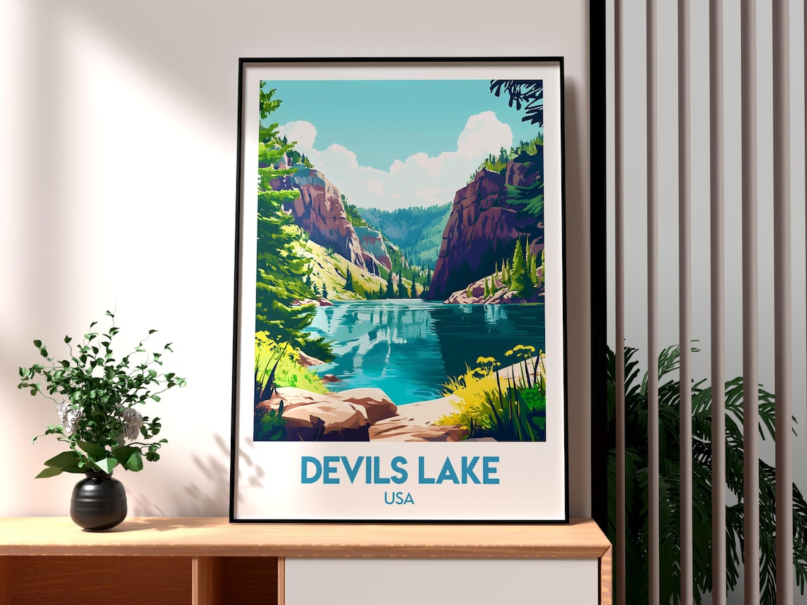 Devils Lake USA Turquoise Lake Red Rock Canyon Landscape Poster