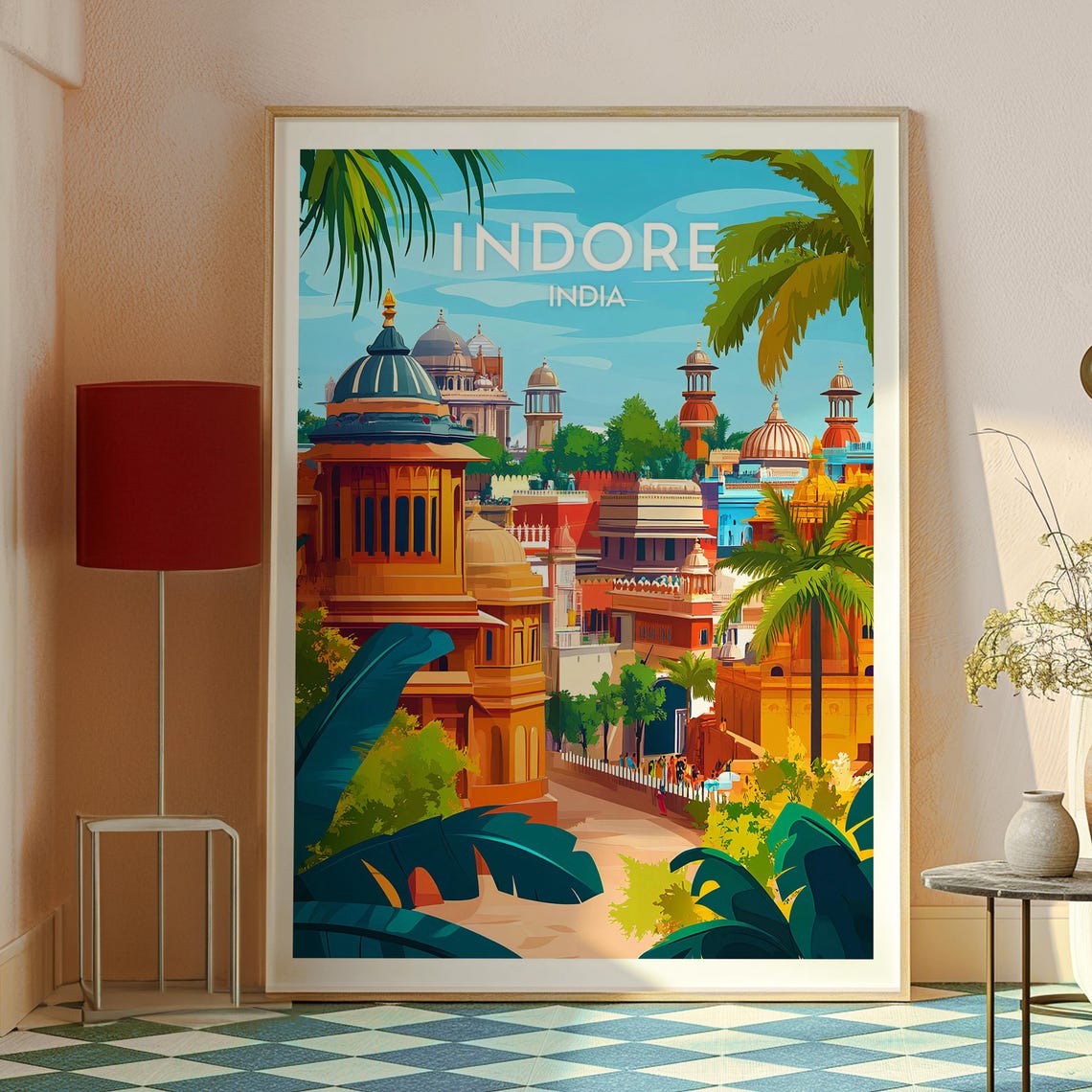 Indore India Palace Domes and Palm Trees Skyline Travel Poster - Image 2
