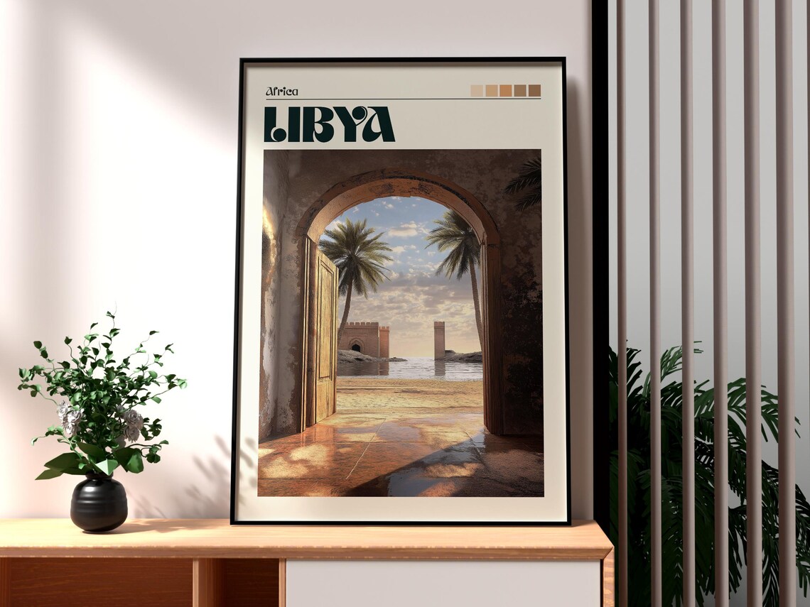 Libya Africa Ancient Archway Palm Beach Coastal Sunset Travel Poster