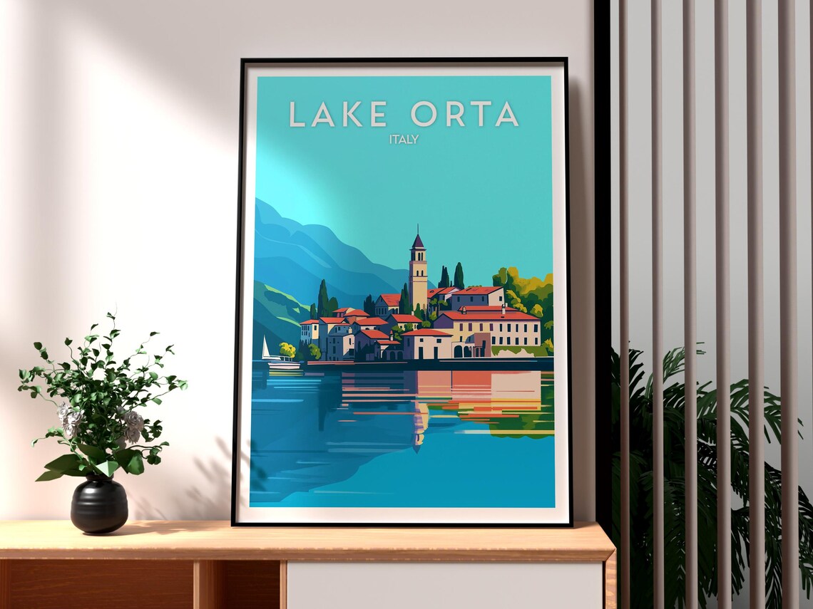 Lake Orta Italy Lakeside Village Bell Tower Serene Water Travel Poster