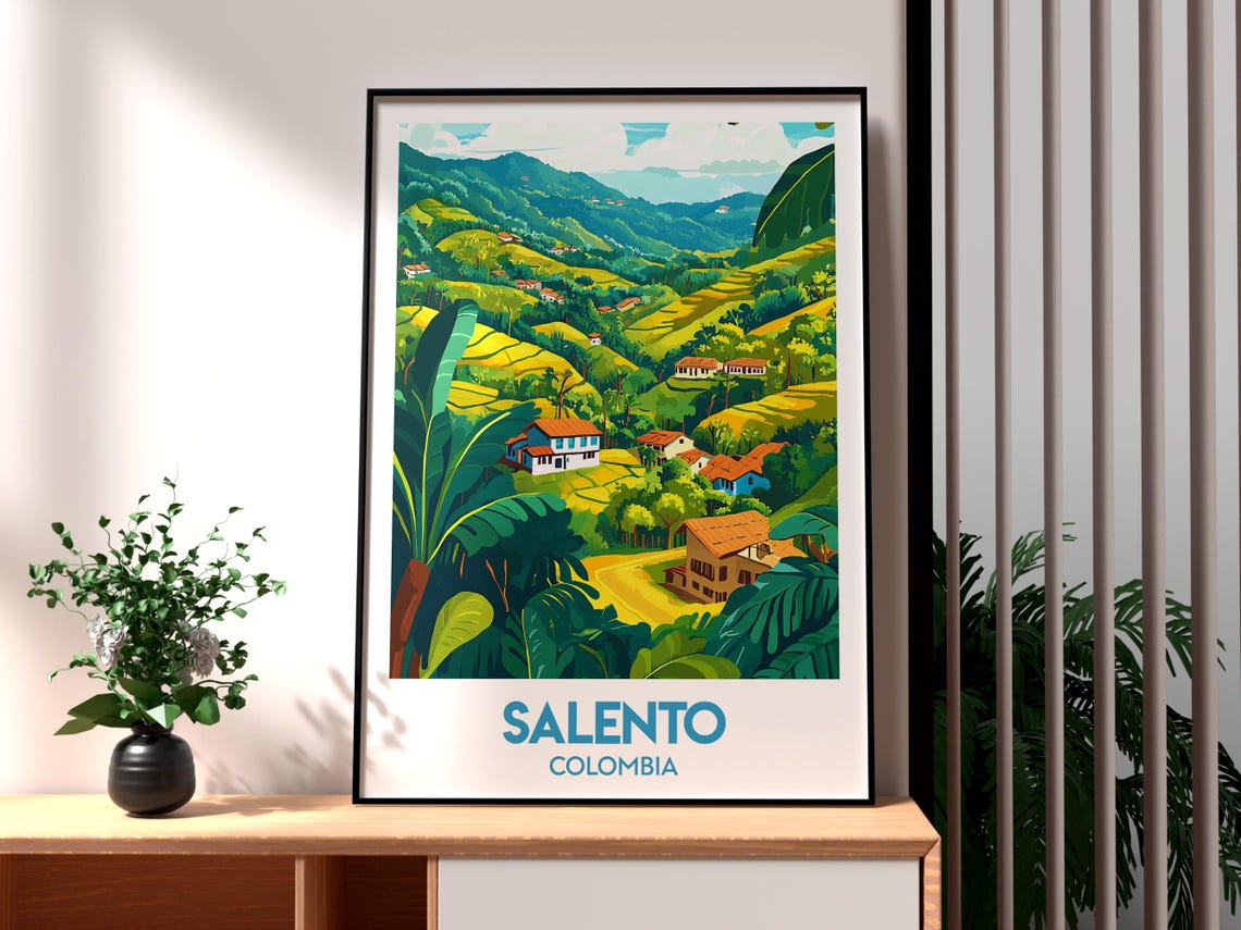 Salento Colombia Coffee Hills Farmhouses Illustrated Travel Poster